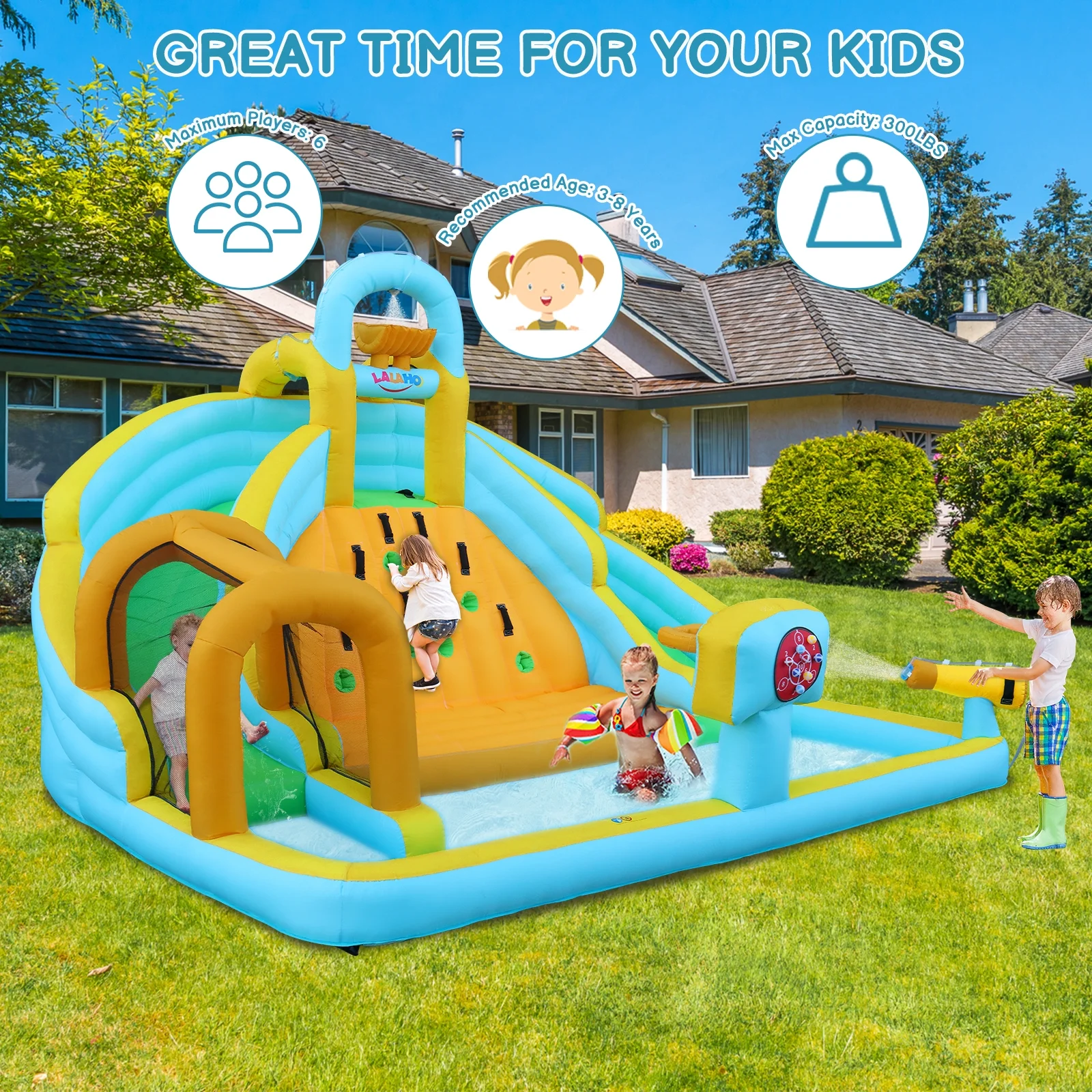 Inflable Parque Acuático Inflable con Soplador de Aire, Castillo Hinchable para Niños con Tobogán Grande, Muro de Escalada, Piscina para Saltos y Salpicaduras