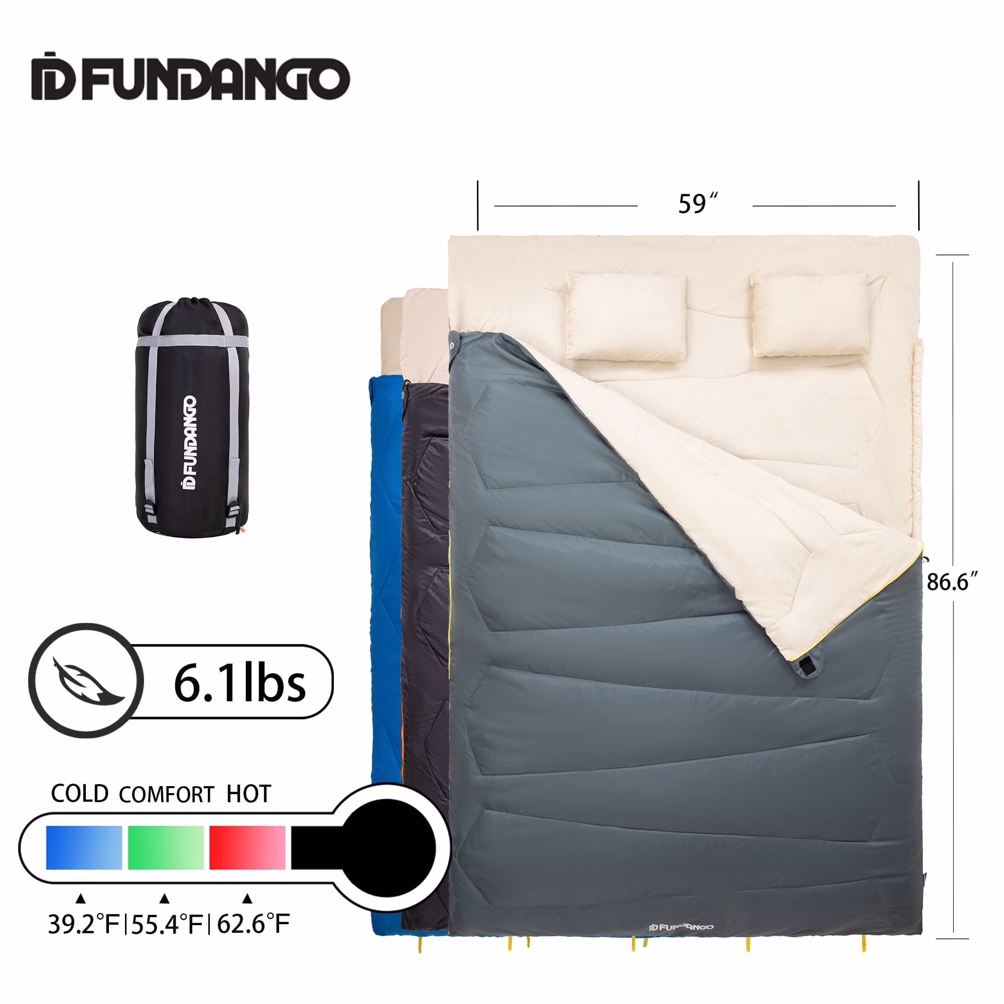 Bolsa de dormir doble 3-en-1 Fundango – para 2 personas con 2 almohadas incluidas